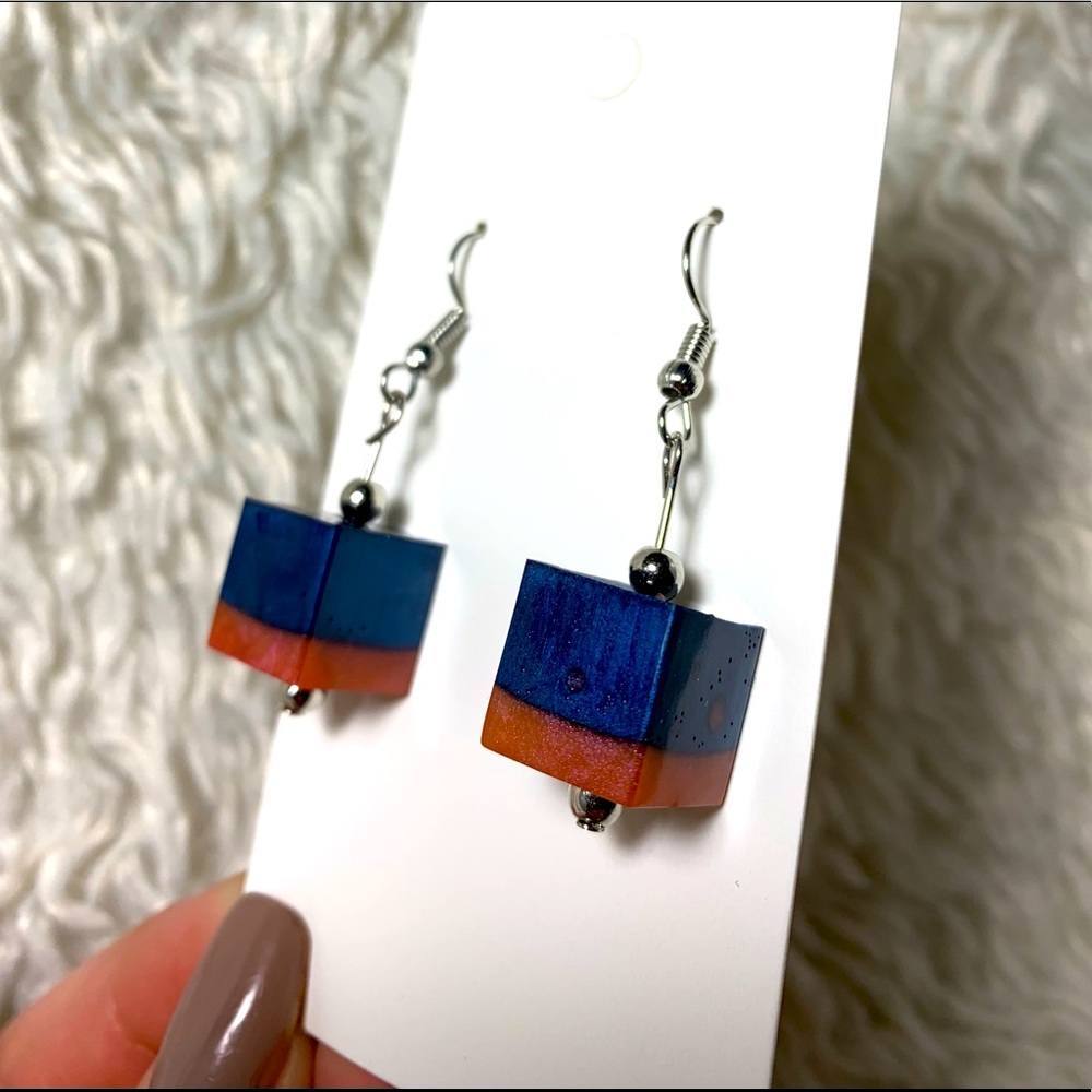Navy and coral cube earrings